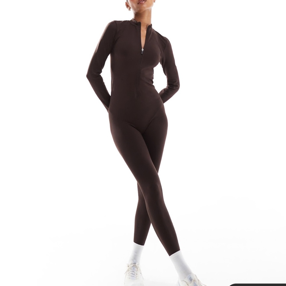 ASOS 4505 seamless zip front catsuit in bitter chocolate